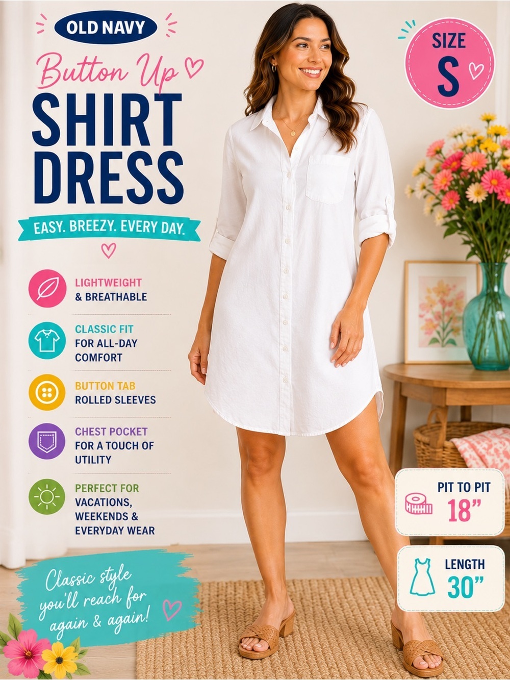 Old Navy Cream Button-Up Shirt Dress Pit 18”
Length 30”